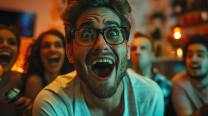 Fototapeta premium A group of friends laughing and watching something exciting together. A man in the foreground wears glasses and has a surprised expression.