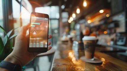 A hand holding a smartphone in a coffee shop, with a cup of coffee in the foreground.