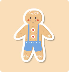 Cute gingerbread man smiling wearing blue overalls on purple background