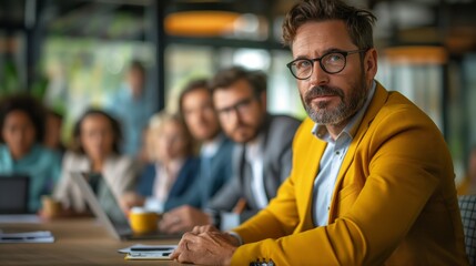 Obraz premium Skilled 30s caucasian leader in eyeglasses coaching interested business people, giving educational workshop presentation in office. Concentrated employees listening to professional coach at workshop.