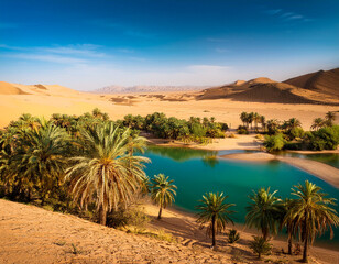 Landscape with an oasis with palm trees and water in the desert