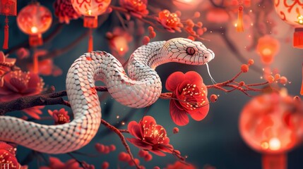 Obraz premium Enchanting White Snake with Festive Red Flowers and Lanterns A Vibrant New Year's Celebration in Stunning Detail