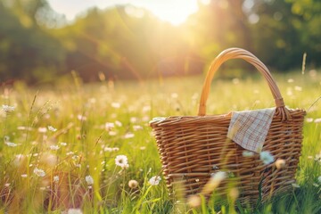 picnic basket setting on meadow with copy space