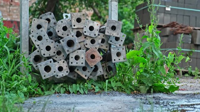 Stack of Construction Site Cuplock Scaffolding Vertical Legs Uprights Metal Element