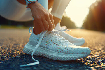 Morning Jogger Tying Running Shoes on Sunlit Path 