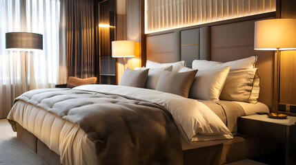 Modern luxury bedroom with chic decor, soft lighting, and a comfortable bed, illustrating interior design and comfort.



