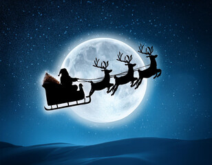 Naklejka premium Silhouette of Santa Claus on the sleigh pulled by reindeer flying in the moonlight, 3d illustration