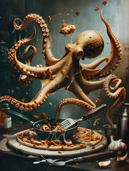 Fototapeta premium Octopus Chef: An octopus cooking with all its tentacles, each holding a different utensil, while making a pizza in a flying pan.