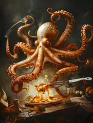 Obraz premium Octopus Chef: An octopus cooking with all its tentacles, each holding a different utensil, while making a pizza in a flying pan.