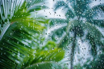 Raindrops on wet glass. View from the window. Gray blue dramatic sky. Water. Drops. Rain. Palm tree and green foliage