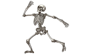 A skeleton is shown in a pose, with its arms raised and its hands clasped together. The skeleton appears to be in a playful or lighthearted mood, as if it is waving to the viewer