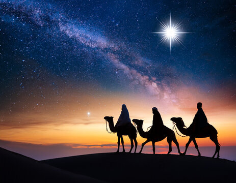 The three wise men (Magi) traveling to the birth of Jesus guided by the star