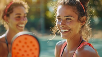 A woman holds a tennis racquet next to her rival, ready for a match