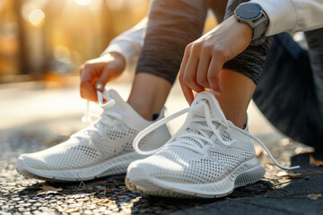 Lacing Up White Running Shoes in the Morning 