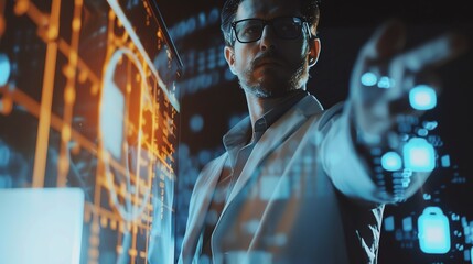A man in glasses and a white lab coat interacts with a digital interface, surrounded by glowing data and icons.  The image captures the future of technology and innovation.