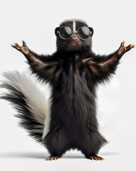Fototapeta premium Funny skunk with sunglasses showing a rock gesture isolated on a white background, funny animals