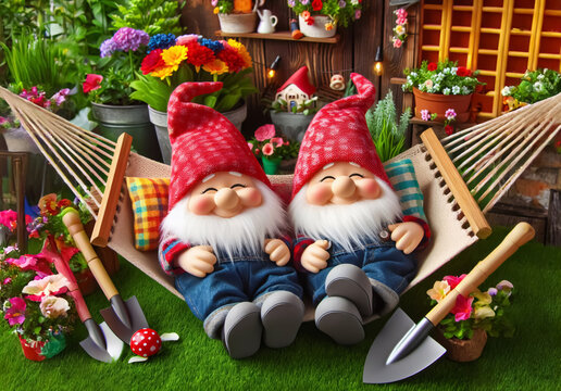Zwei Zwerge liegen im Garten in einer H&auml;ngematte