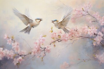 Fototapeta premium Birds flying in garden painting blossom flower.