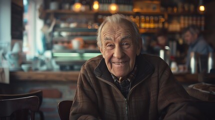 Fototapeta premium A smiling elderly man sits in a cafe, enjoying a warm beverage and the company of others.