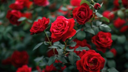 A red rose bush with multiple blossoms, each rose displaying a deep red color.