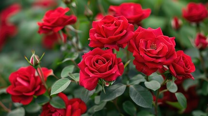 Fototapeta premium A red rose bush with multiple blossoms, each rose displaying a deep red color.