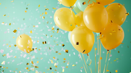 Yellow Balloons with Confetti on Aqua Background Celebration Party