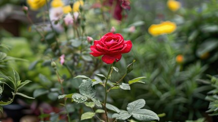 A single red rose in a flowerbed, standing out among other garden plants.