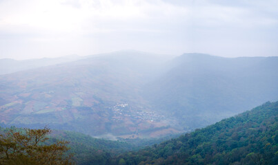 mountains in the fog