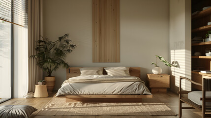 Interior of modern bedroom with white walls, wooden floor, comfortable king size bed with two bedside tables and vertical poster frame. 3d rendering,Scandinavian Style Bed With Simple Frame And Cozy 
