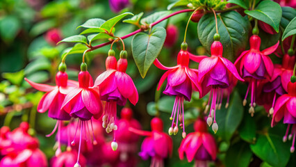 Vibrant pink fuchsia flowers bloom amidst lush green leaves, creating a stunning floral background with delicate petals and soft focus, evoking a sense of serenity.