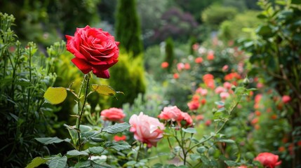 A single red rose in the garden, surrounded by lush greenery and other blooming flowers.