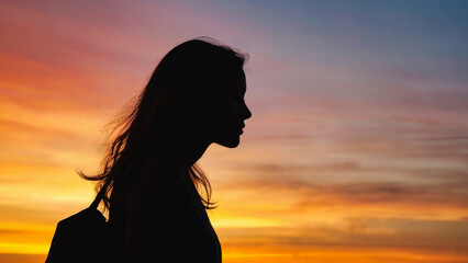young lady looking at the sunset over the sea
