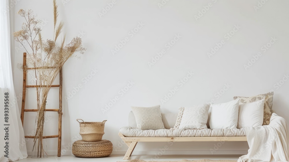 Wall mural bright living room design with white walls, couch bench with pillows, dried plants, and a wooden lad