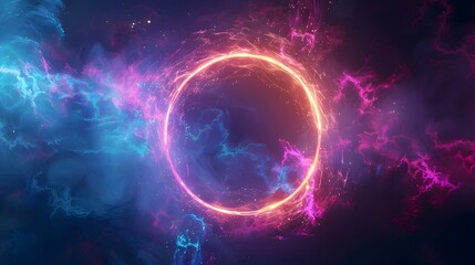 abstract smoke illuminated with neon pink light ring on dark, blue background copy space concept banner poster design