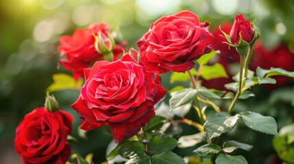 Fototapeta premium Close-up of vibrant red roses on a garden bush with lush green leaves in the background.