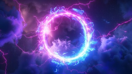 abstract smoke illuminated with neon pink light ring on dark, blue background copy space concept banner poster design