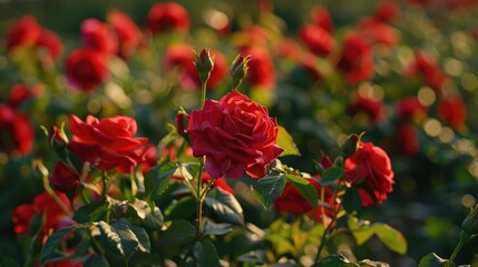 Red roses in a flowerbed, each bloom a perfect example of natural beauty.