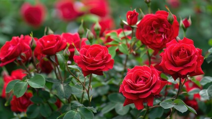 Red roses in a flowerbed, each bloom a perfect example of natural beauty.