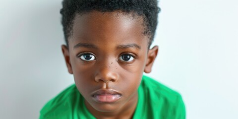 A smiling young boy wearing a green shirt looks directly at the camera with a friendly expression