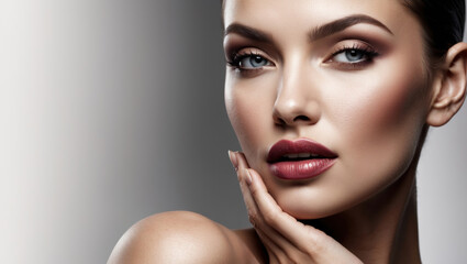 Fototapeta premium Beautiful woman with professional makeup touching her face on gradient background with copy space