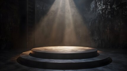 A dark stage with a spotlight shining down on an empty round podium, could be used for product display or promotional content