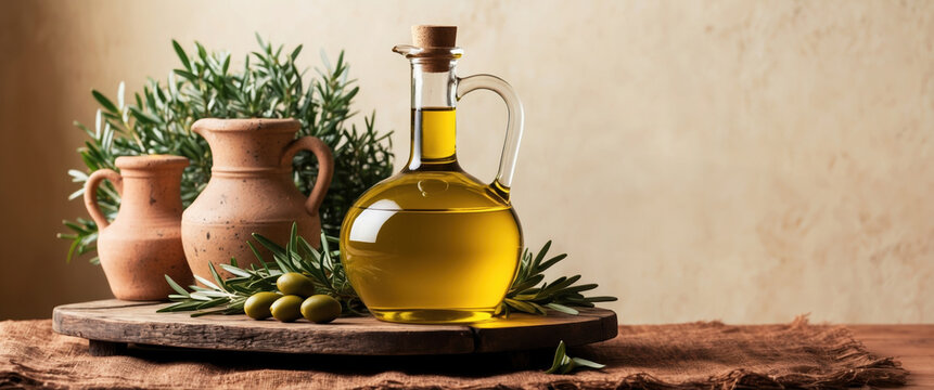 Rustic olive oil composition with copy space advertising banner