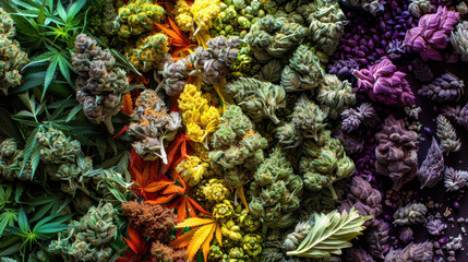 Different strains of cannabis buds in a colorful array