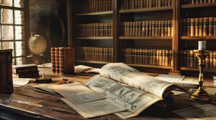 corporate historical archive with interactive digital timelines, antique documents, and a genealogy research area for company heritage