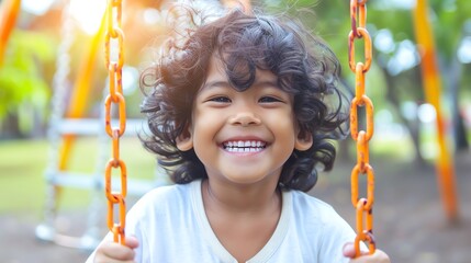 A young boy with curly hair smiles brightly while swinging on a playground.  The chains and some of the swingset are visible in the background.