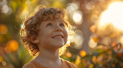 Fototapeta premium A young boy with curly hair smiles up at the sun in a forest setting.