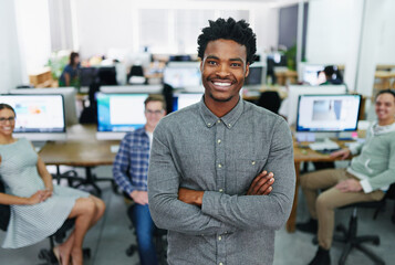 Portrait, arms crossed and black man with smile, proud and employee in office, coworking and...