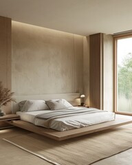 Minimalist bedroom interior with a platform bed, natural light, and neutral colors.