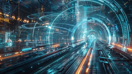 Abstract futuristic tunnel with glowing blue and orange lights, representing digital technology and data flow.