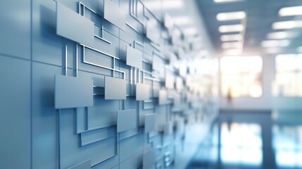 Fototapeta premium Abstract geometric pattern on a wall with a blurred office background. Modern design, light and airy.